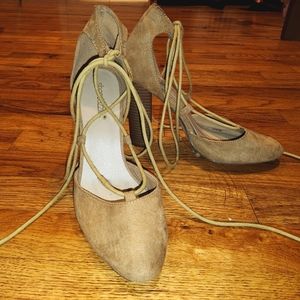 ShoeDazzle Tan Suede Lace Up Heels